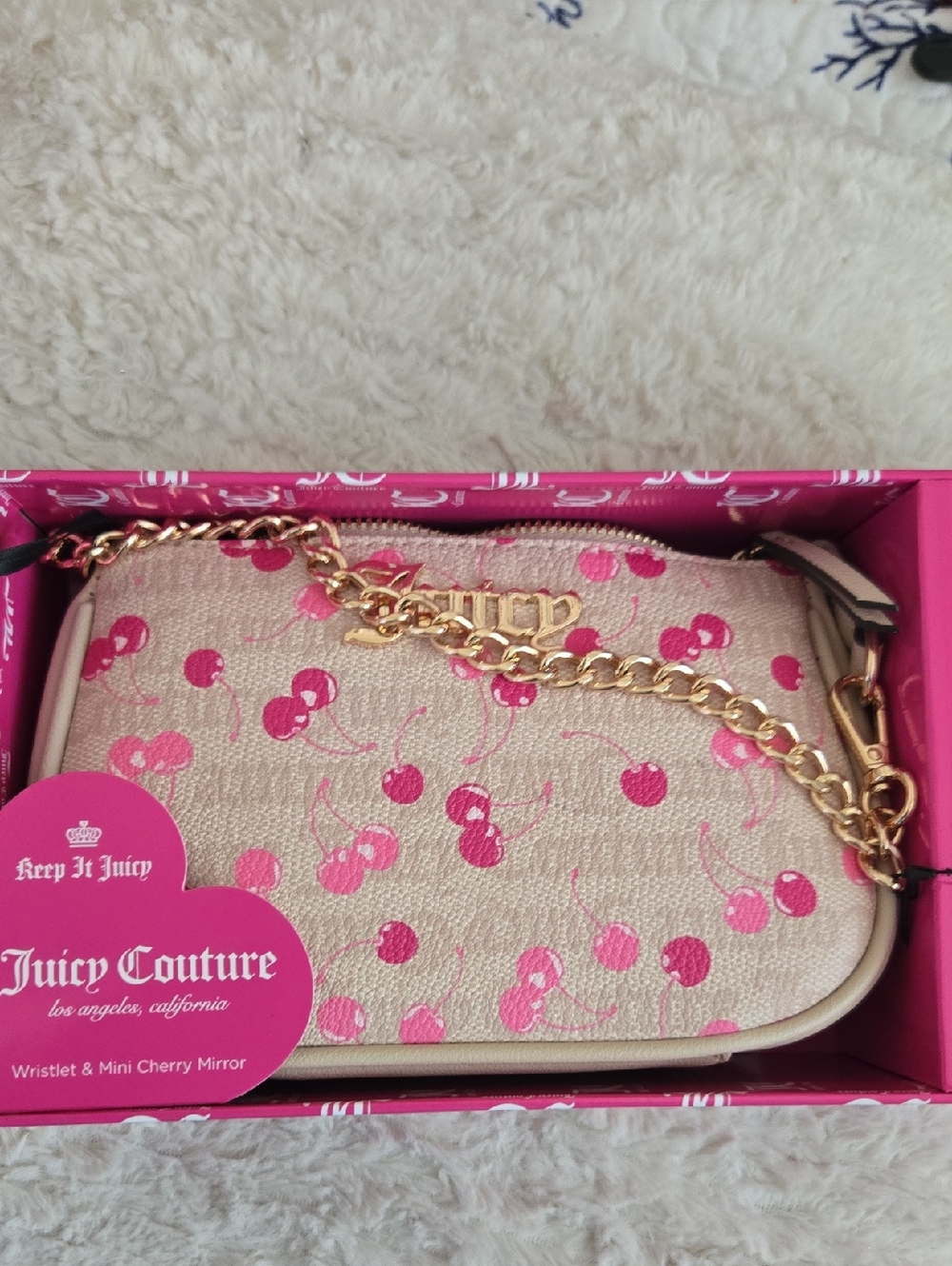 Juicy Couture Cream Crossbody with Pink Cherry Print and Gold Chain Strap - Picture 6 of 6